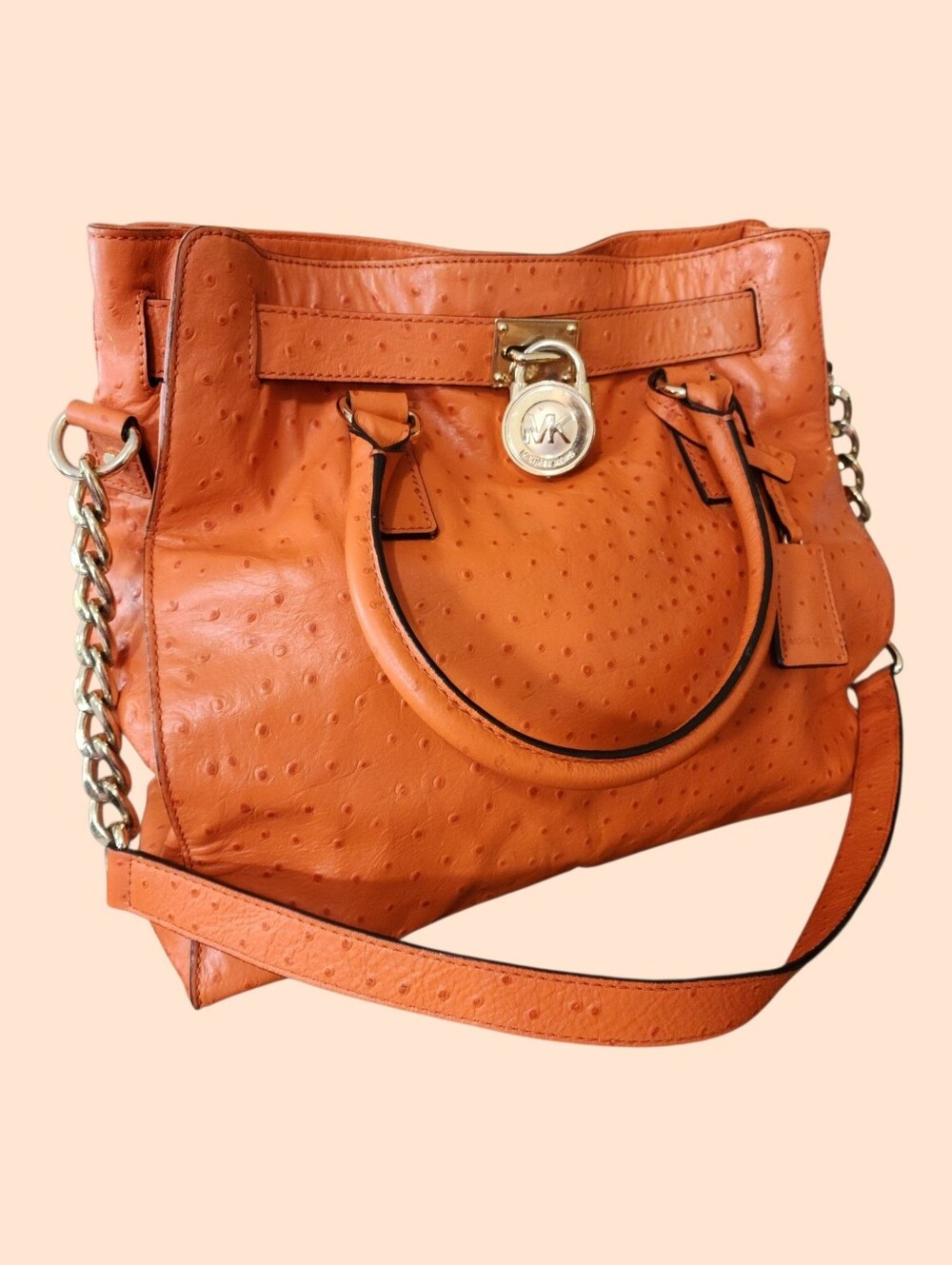 Michael Kors Hamilton Tangerine Orange Ostrich Embossed Leather Satchel Purse
